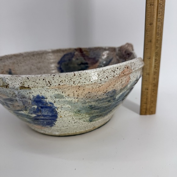 Large Artisan Studio Stoneware Bowl Artisan Signed Rustic Speckled Neutral Blue - Picture 10 of 13